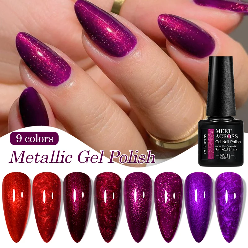 MEET ACROSS 7ml Metallic Gel Nail Polish Red Chrome Mirror Effect Thread Shell Nail Gel Quick Dry Semi Permanent UV Gel Nail Art