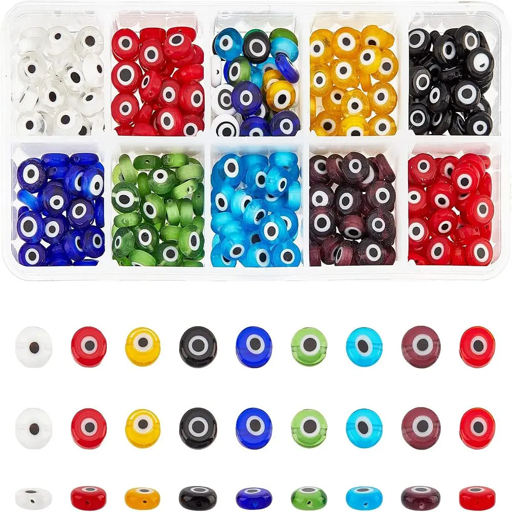 

Handmade Evil Eye Lampwork Bead Flat Round Mixed Color 8x3.2~4mm Hole: 1mm