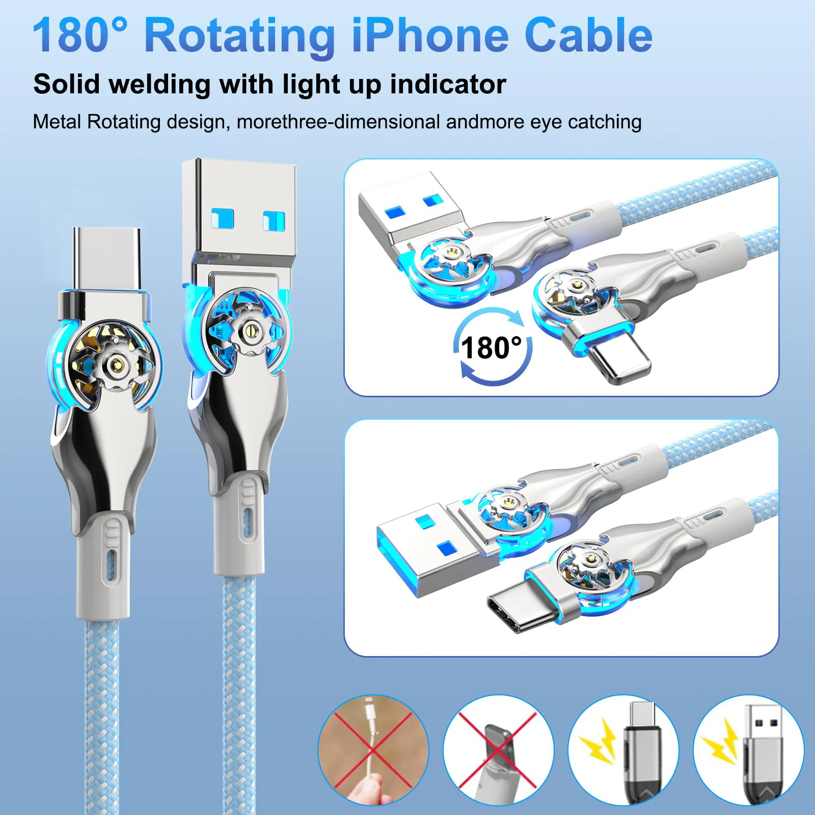 2024 szybki obrót ze stopu 180 stopni USB A do USB typu C pleciony kabel danych do Samsung S20 S22 S24 A54 Huawei Xiaomi