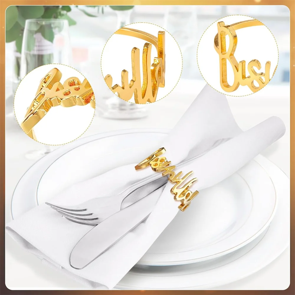 30Pcs Gold Bismillah Napkin Ring Metal Alphabet Napkin Buckle Eid Ramadan Napkin Holder for Islamic Eid Ramadan Table Decoration