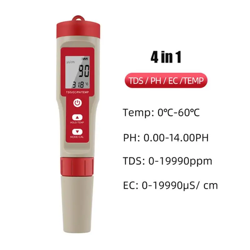 Medidor de PH 4 en 1 PH/TDS/EC/medidor de temperatura Monitor Digital de calidad del agua probador para piscinas acuarios de agua potable