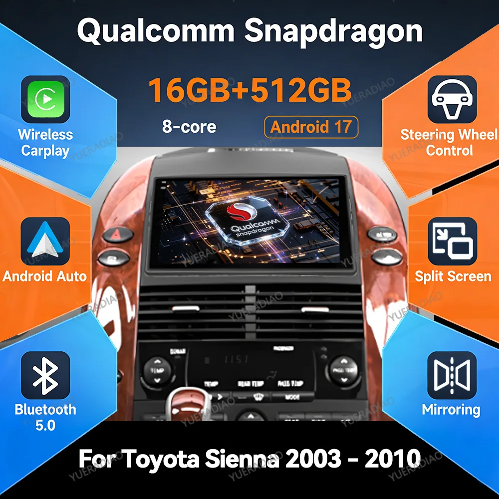 Radio para Auto Android 17 para Toyota Sienna 2 XL20 2003 - 2010, GPS NAVI, Reproductor Multimedia de Video, Unidad Principal, 4G WIFI, Qualcomm, 2DIN, BT