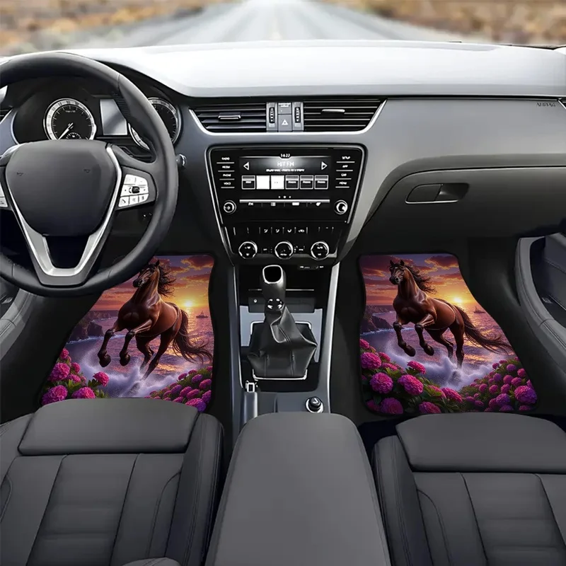 4Pcs Car Floor Mat Set - Galloping Horse Seaside Sunset Floral Print | Personalized Auto Decor