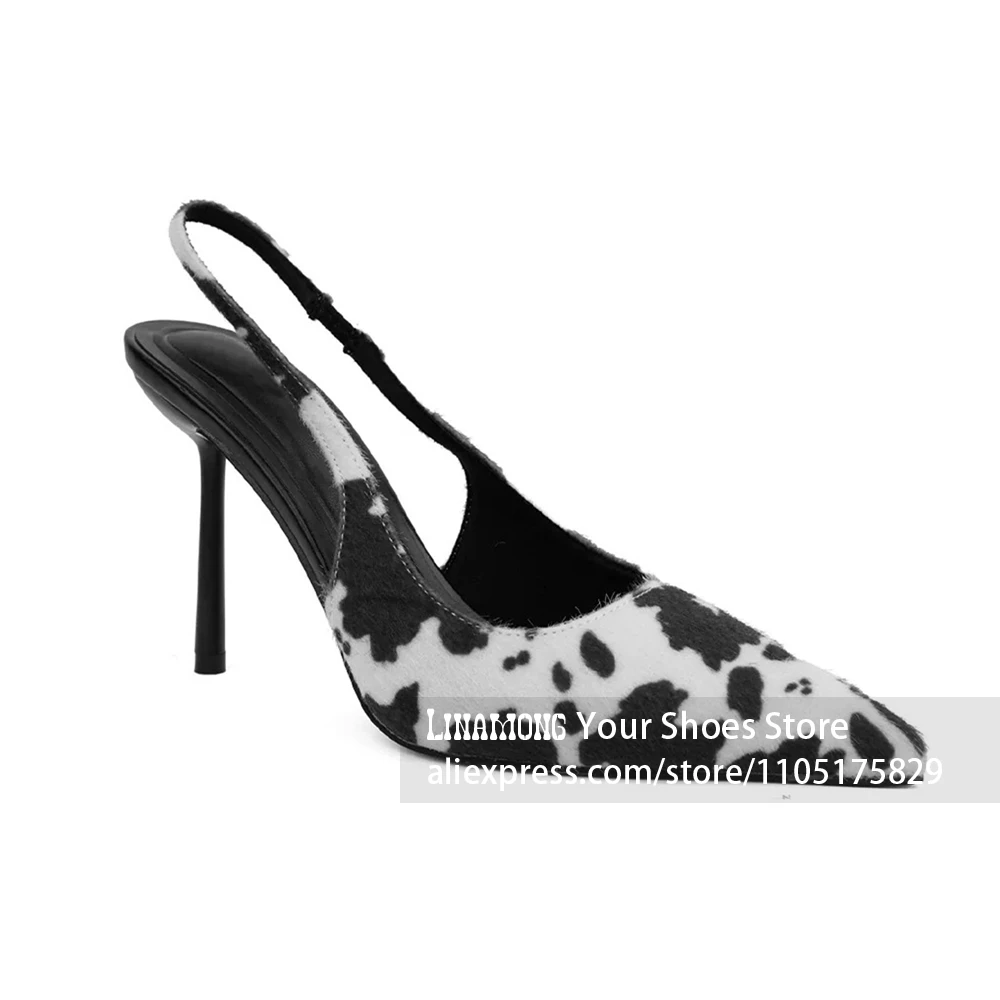 Animal Print Furry Pointed Toe Slingback Stilettos Faux Horsehair High Heel Pumps Baguette Evening Shoes Women's Handmade Shoes