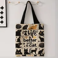 Checkered Black Cat Pattern Printed Casual Tote Bag Single Shoulder Shopping Bag Reusable Fashionable Handbag Shopping Bag