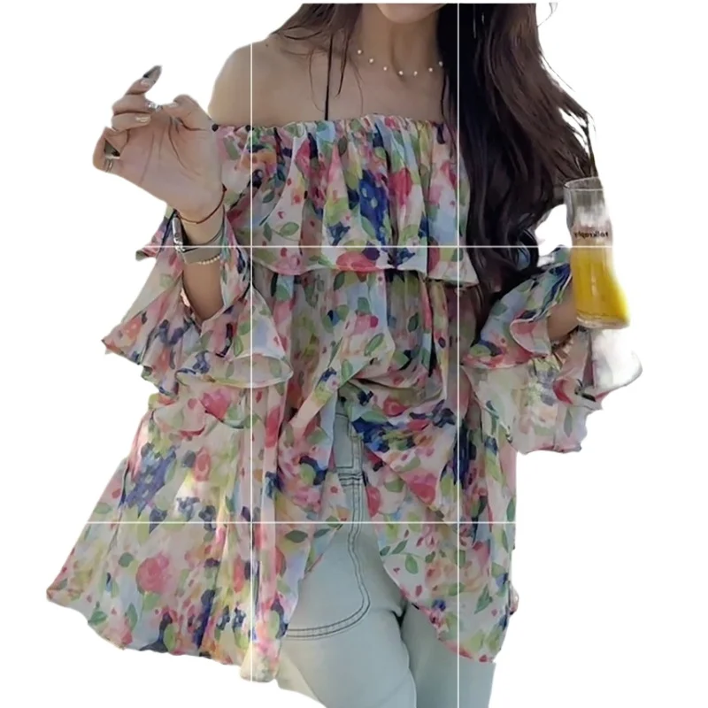 Bluzka z nadrukiem dla kobiet 2024 Summer New European Chic Unique and Beautiful Top Floral Off-Shoulder Ruffled Loose Shirts Holiday