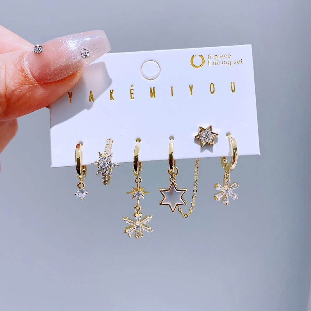 6pcs/set Cubic Zircon Star Snowflake Huggie Earrings Gold Color Women Ear Stack Christmas Gift Jewelry