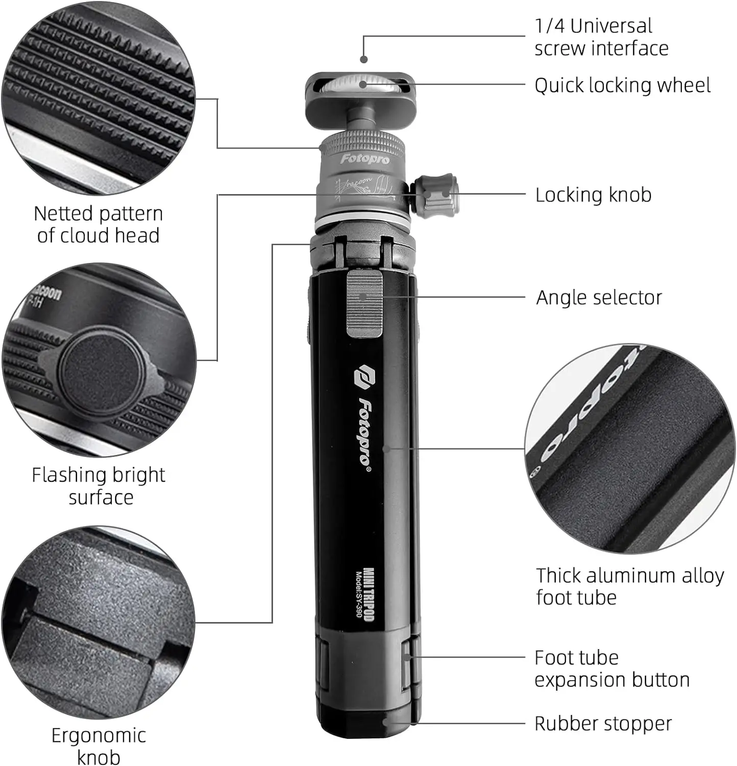 Fotopro Desktop Mini Tripod, Aluminum Alloy Compact Camera Tripod with Ball Head 1/4 Inch Screw for Phone DSLR