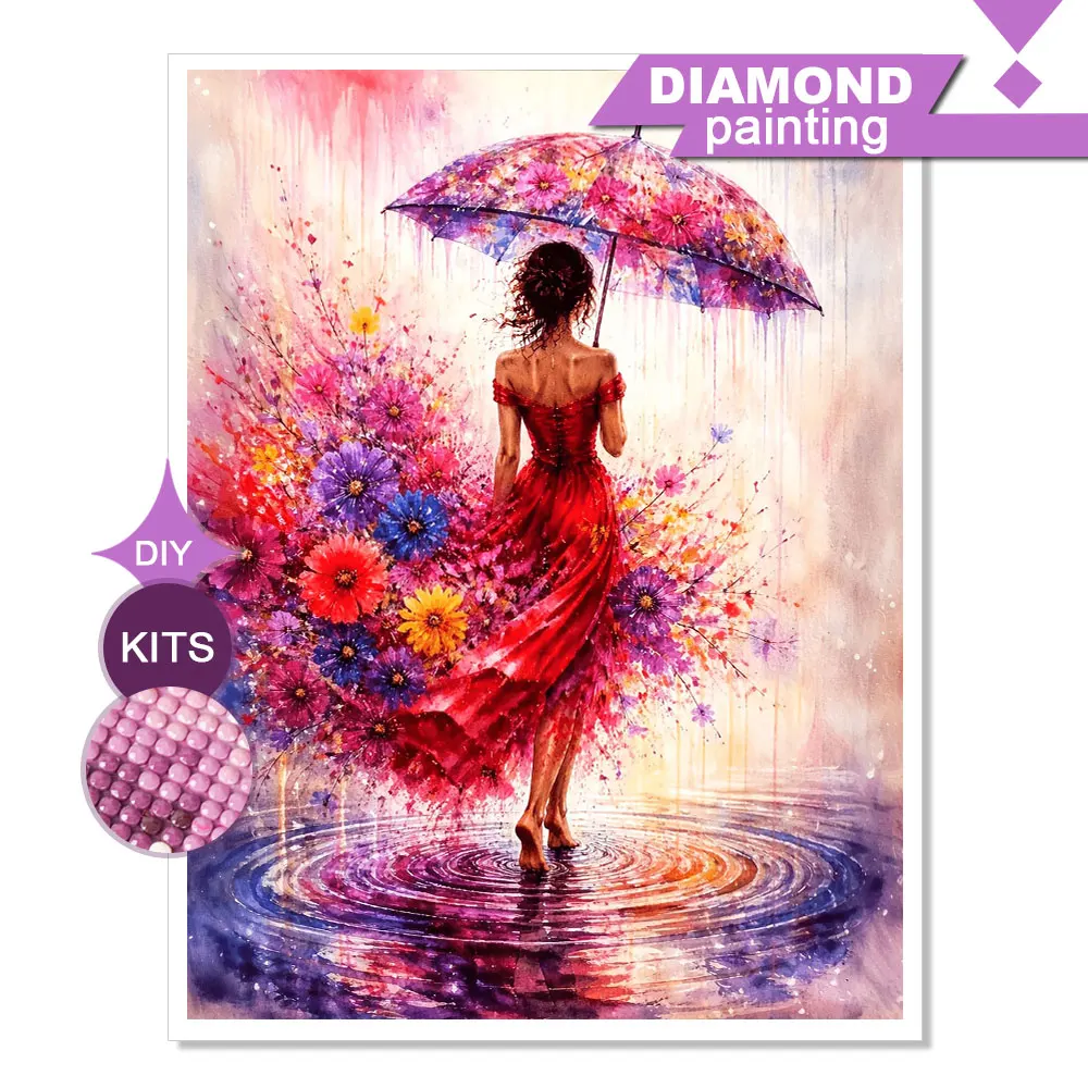 Huacan Vollständiges Quadratisches Rundes Diamant-Malerei Blumen-Regen Rotes Kleid Frau Diamant-Mosaik-Porträt Neue Dekorative Gemälde