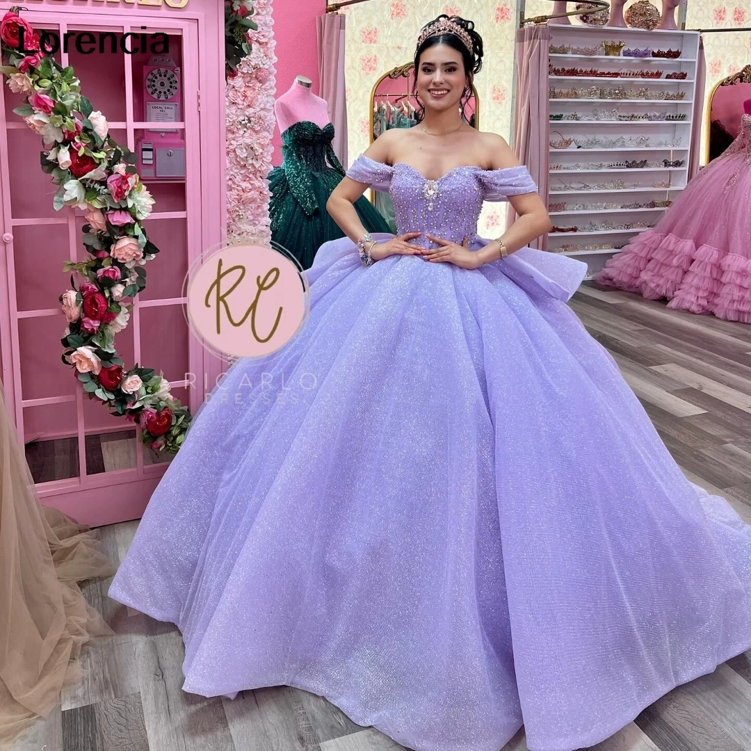 Personalizado mexicano lilás quinceanera vestido de baile brilhante renda applique frisado arco espartilho doce 16 vestidos de 15 anos yqd844