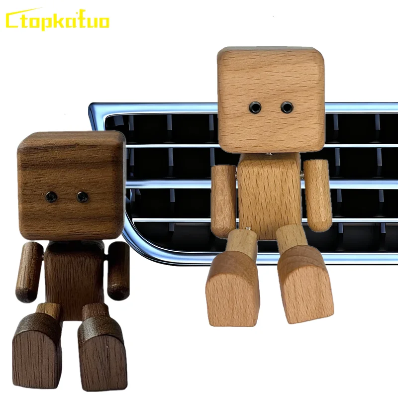 

Creative Leg-swinging Robot Wooden Figurine Vehicle Vent Clip With Shaking Wood Man Decoration Dashboard Desktop for Car Home