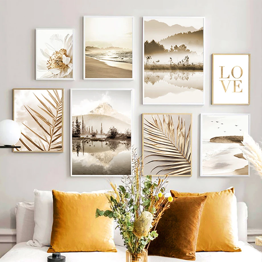 Spring Mountain Lake Golden Palm Leaves Wall Art Canvas Painting Living Room Decoration Posters And Prints Home Wall Pictures