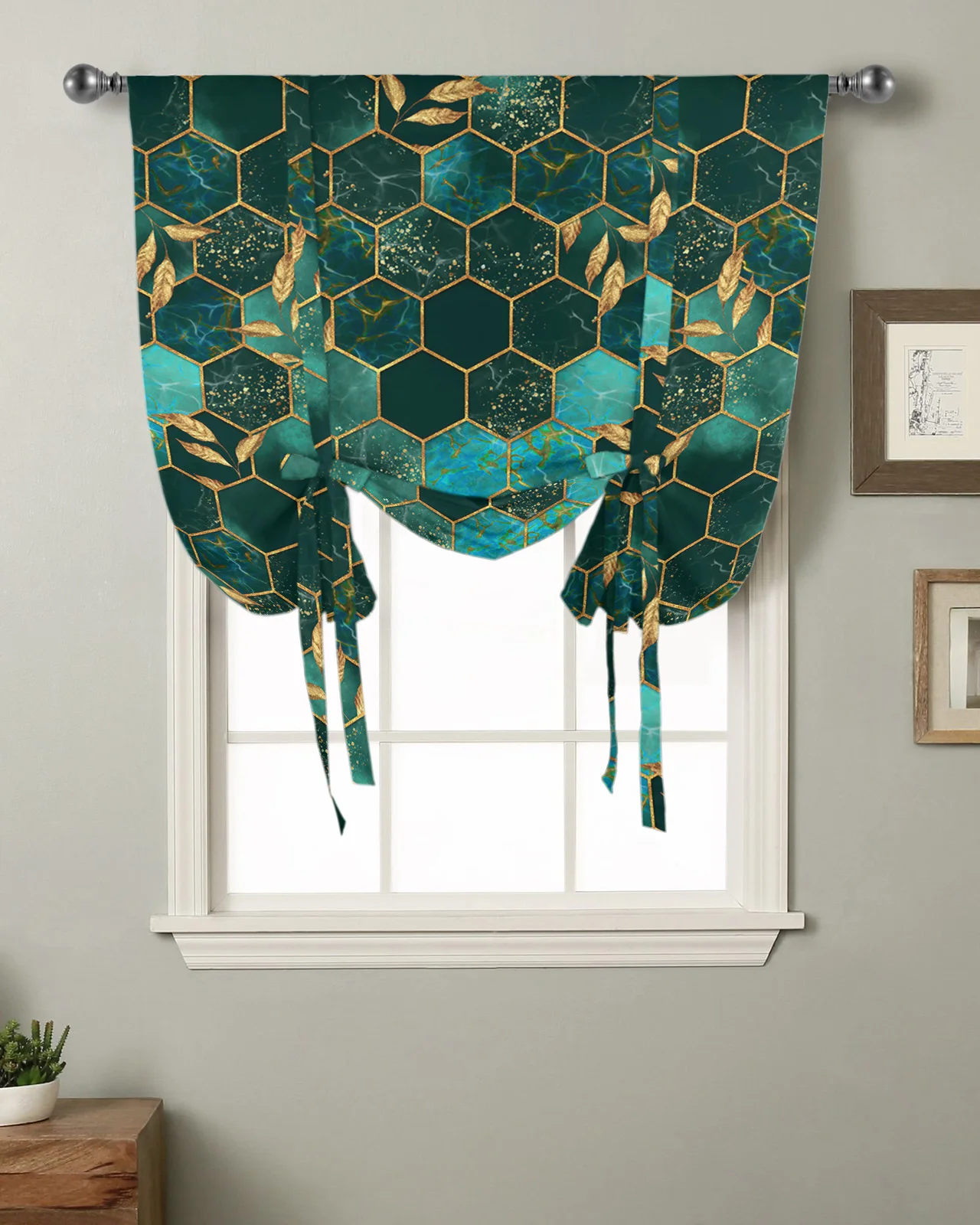 

Marble Honeycomb Texture Aqua Green Kitchen Short Window Curtain Modern Home Decor Small Window Roman Tie Up Curtains