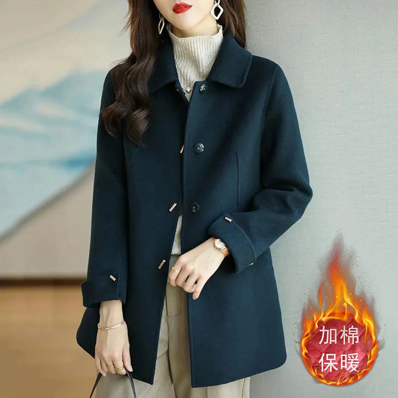 

Single Breasted Woolen Coat Autumn Winter Women's Jacket Thick Lapel 100% Wool High Quality Slim All-match Black Fashion Outwear