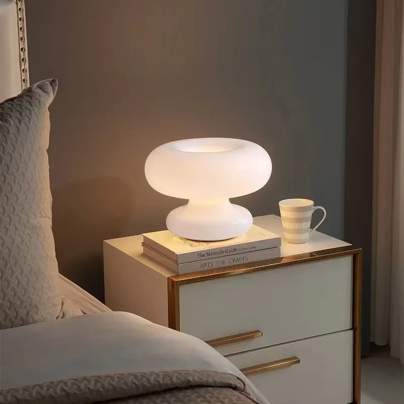 Nordic Mushroom Glass Table Lamp Modern LED Bedside Desk Light Warm Ambient Night Lamp for Bedroom Living Room Study Home Decor