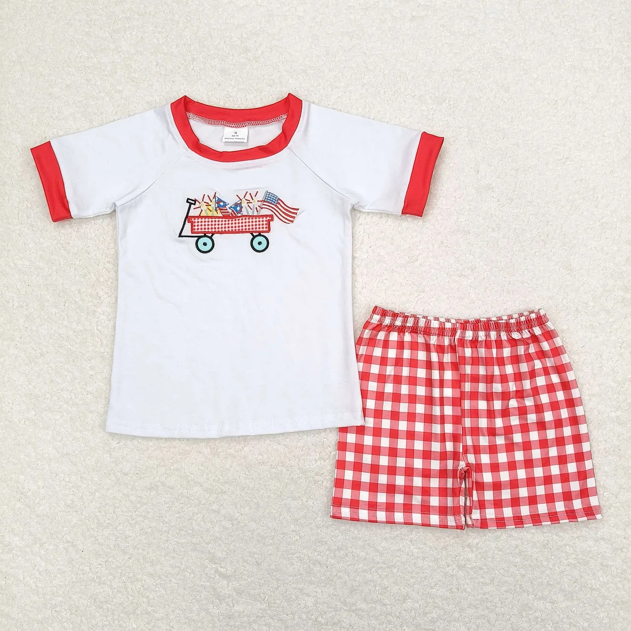 Wholesale Kids Summer Embroidery Flag Cotton Shirt Toddler Set Children Shorts Matching Baby Boy Girl July 4th Red Plaid Outfit