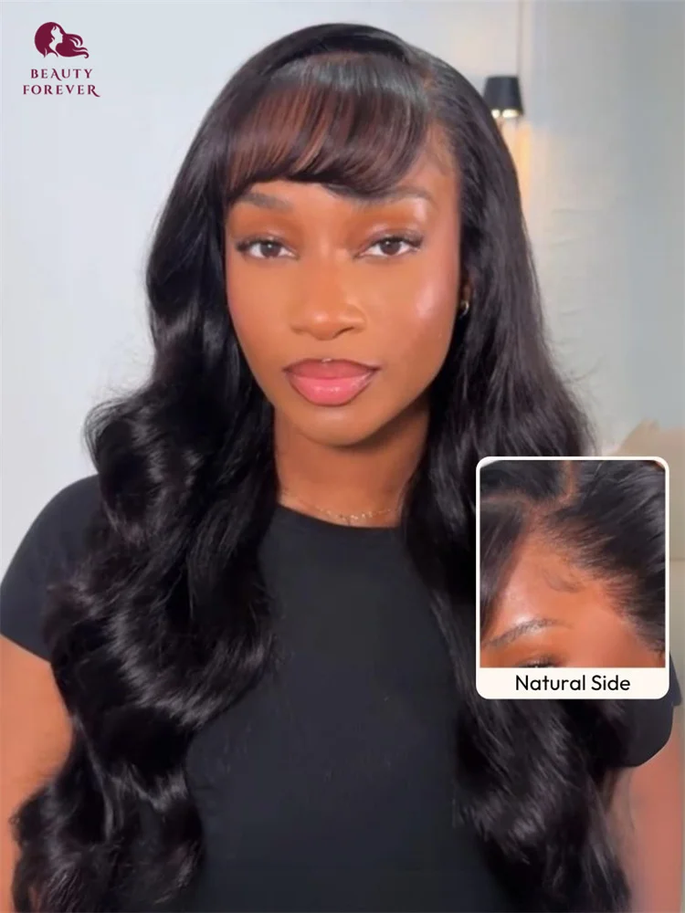 

Beautyforever Vintage Air Bangs Human Hair Wig 3D Loose Body Wave 13x4 Pre Cut Lace Bye Bye Knots Glueless Wig With Drawstring