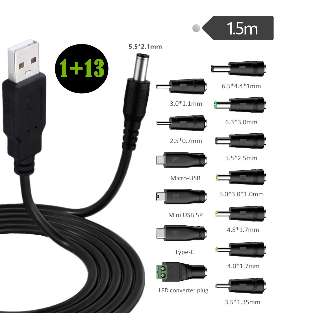 5V DC 5,5 2,1mm Jack зарядный кабель, кабель питания от USB к DC с 13 сменными разъемами адаптеров