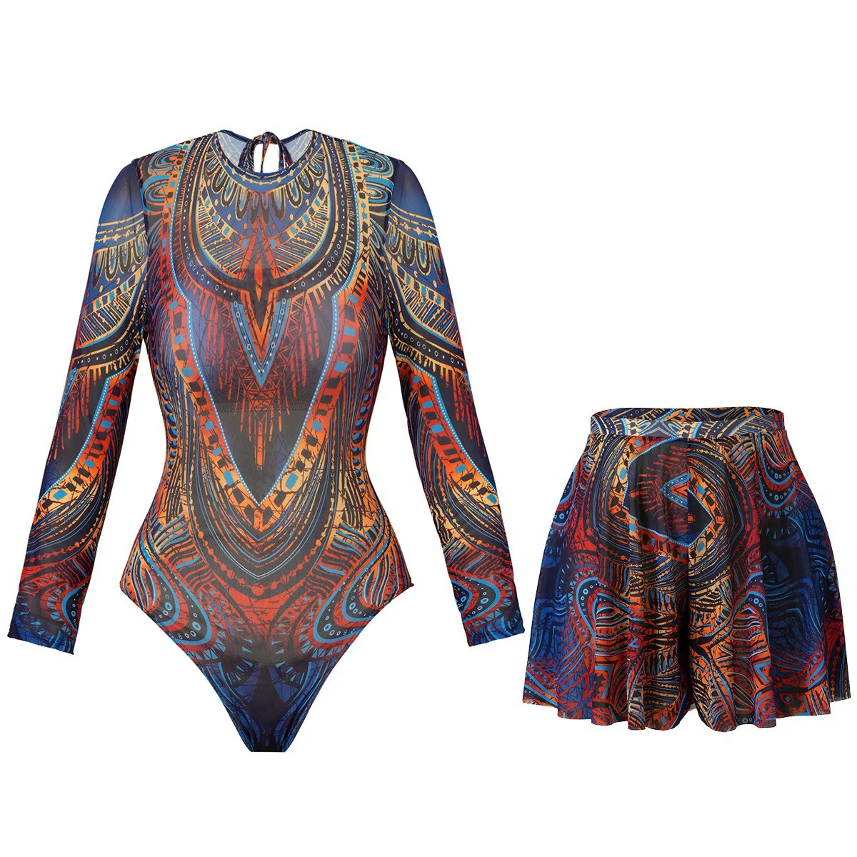 European American Style Swimsuit Long Sleeved Tight Sun Protection Swimsuit Skirt Set Multi-color Striped Sexy Fashion Bikini