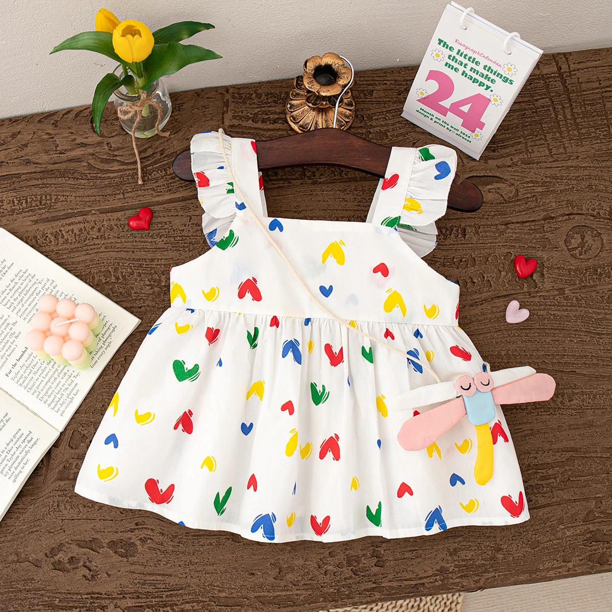 Girls Dresses Summer Full Printed Love Pattern Halter Square Neck Baby Girl Dress Cute Casual Beach Girl Kid's Dress With Bag ﻿