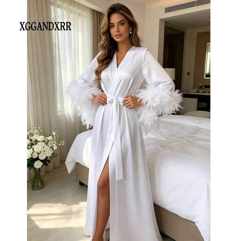 Woman Wedding Dress For Satin Sexy V Neck Feather Bridal Morning Robes Night Gown Sleepwear For Bride And BridemaidsCustomized
