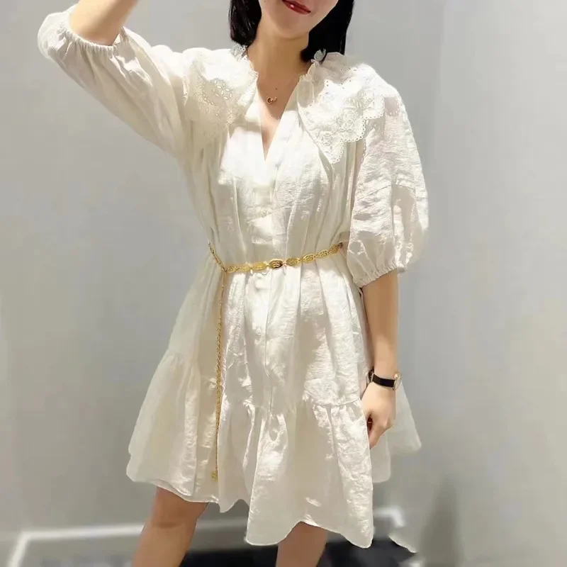 

2023 Women's New Lace Dress Puff Sleeves Waist White French Brand Elegant Party Dress Women