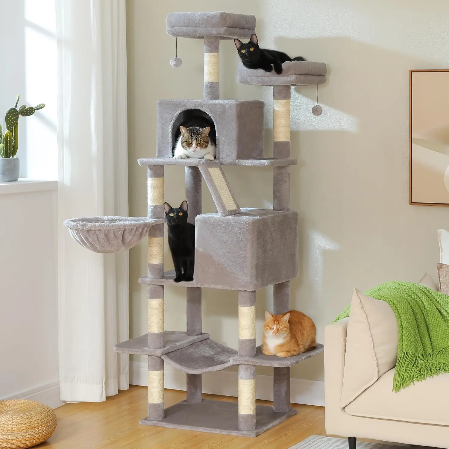 

70.8-Inch Light Gray Cat Tree Easy-to-assemble Indoor Cat Tower Multi-Level Perches Hammock Sisal Scratching Posts for Cats