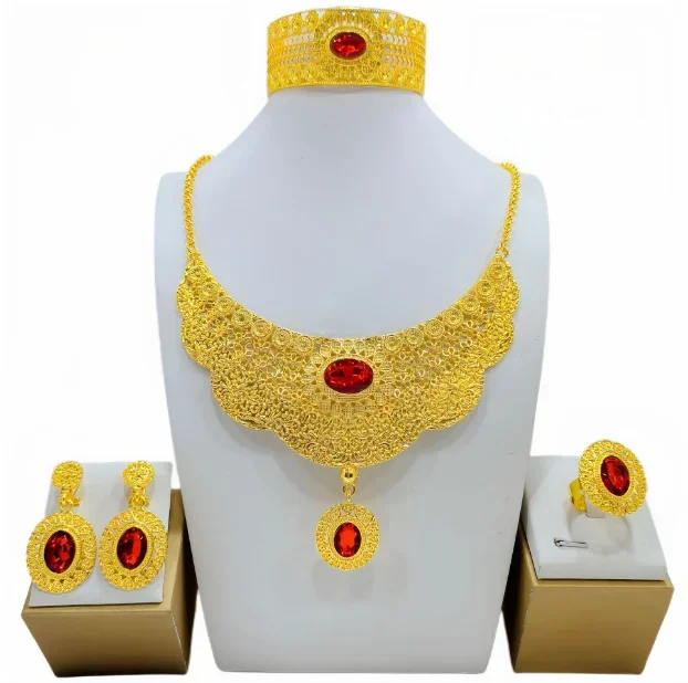 

France Ethiopian Gold Color Jewelry Set For Women Dubai Bridal Wedding Necklace Bracelet Earrings Ring Set African Choker Gifts