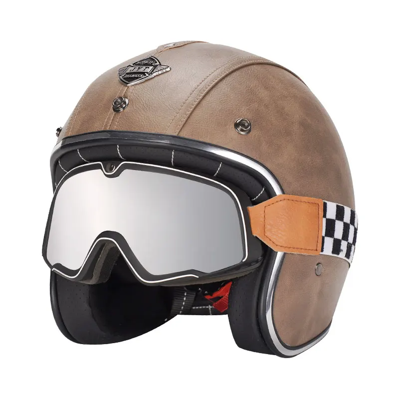 

Handmade PU Leather Design Vintage Motorcycle 3/4 Helmets With Halley Glass Motor Open Face Racing Scooter Helme Dot