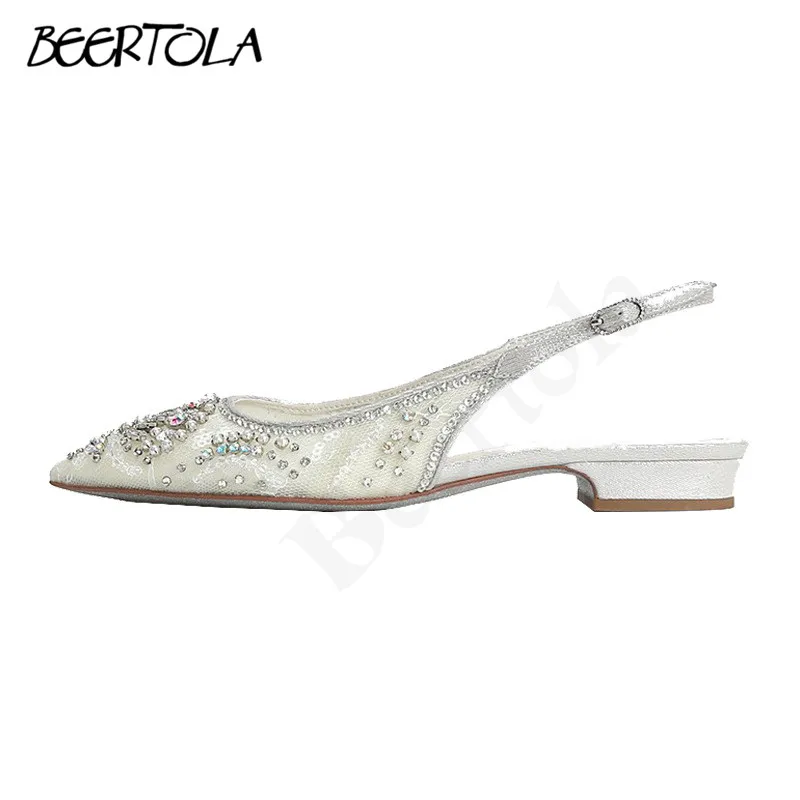 

Women's Mesh Rhinestone Pearl Shoes Fashionable Shallow Pointed Back Sandals Stiletto Mid-Heel Fashion Casual Sandals