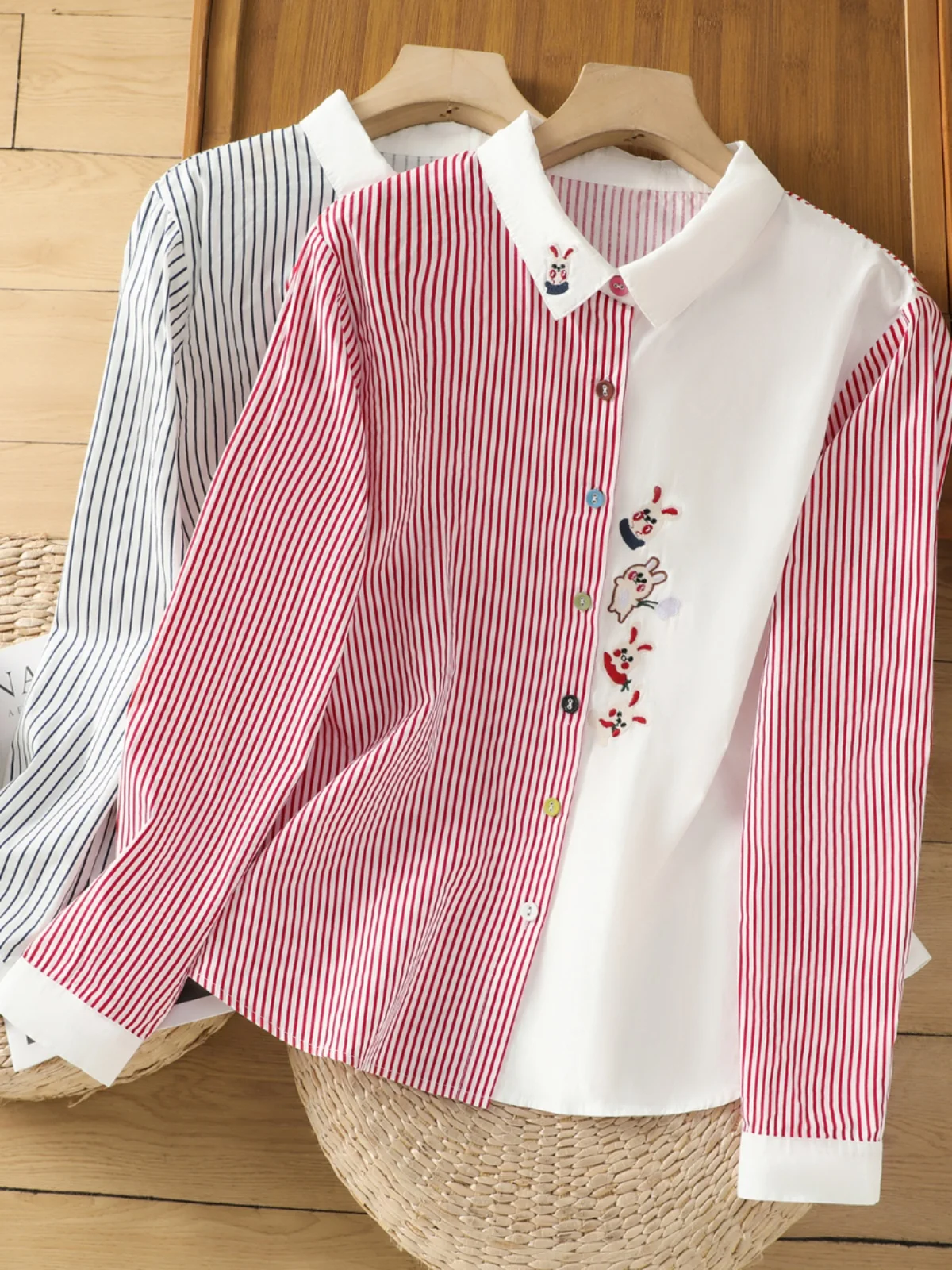 Coupe ample rayure brodé pur coton femmes irt Vintage artistique polyvalent Patchwork décontracté Long Sve boutonné