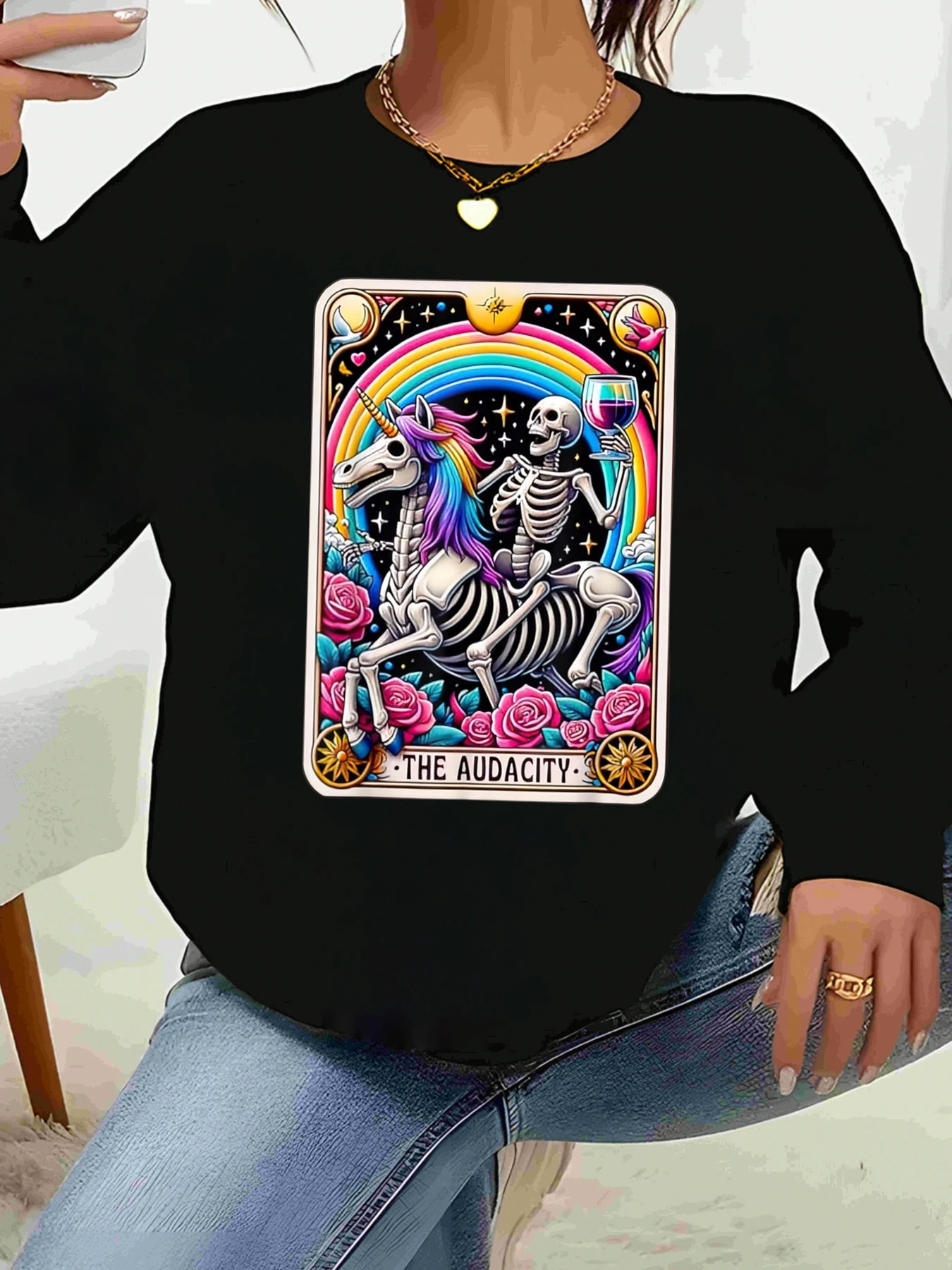 يونيكورن الهيكل العظمي التارو بطاقة طباعة هالوين طويلة الأكمام سترة ملابس غير رسمية النساء