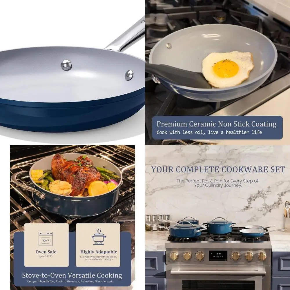 

10. Индукционная безопасная керамическая сковорода с антипригарным покрытием — без ПТФЭ/ФА/ПФА, можно мыть в духовке и в посудомоечной машине, крутая ручка, темно-синий