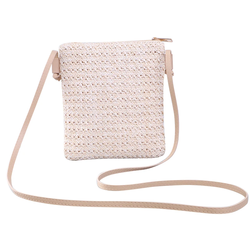 Straw Plait Small Square Bags One Shoulder Slanted Cross Bag Handbag Coin Purses Casual Holiday Beach Bag - Beige