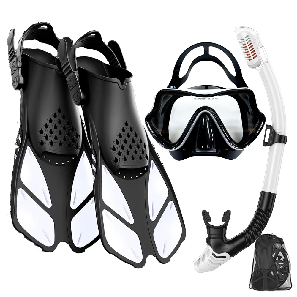 Maskervinnen snorkelset, snorkeluitrusting voor volwassenen, panoramisch zicht snorkelmasker anticondens, verstelbare duikvinnen, snork met droge bovenkant