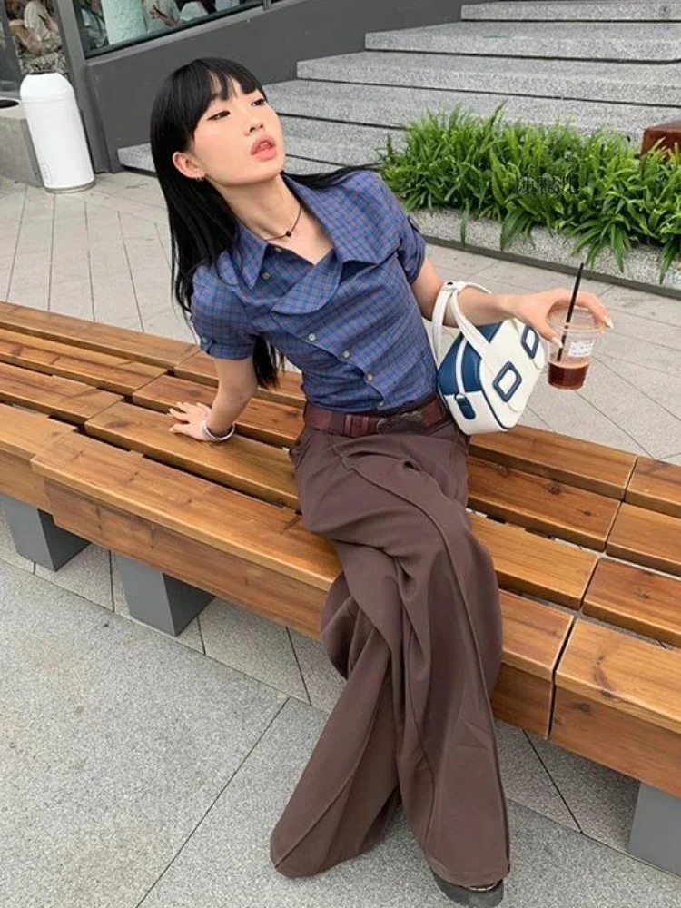 Sweet Cool All-match Blue Plaid Shirts Women Y2k Retro E-Girl Loose Short Sleeve Blouses 2024 Summer New Lapel Neck Blusas Mujer