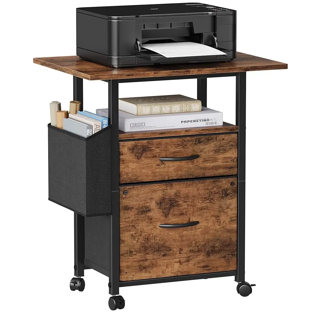 

2 Drawer File Cabinet With 24'' Extended Desktop, Mobile Filing Cabinet, Rolling File Cabinet With Side Bag, Fabric Drawer,