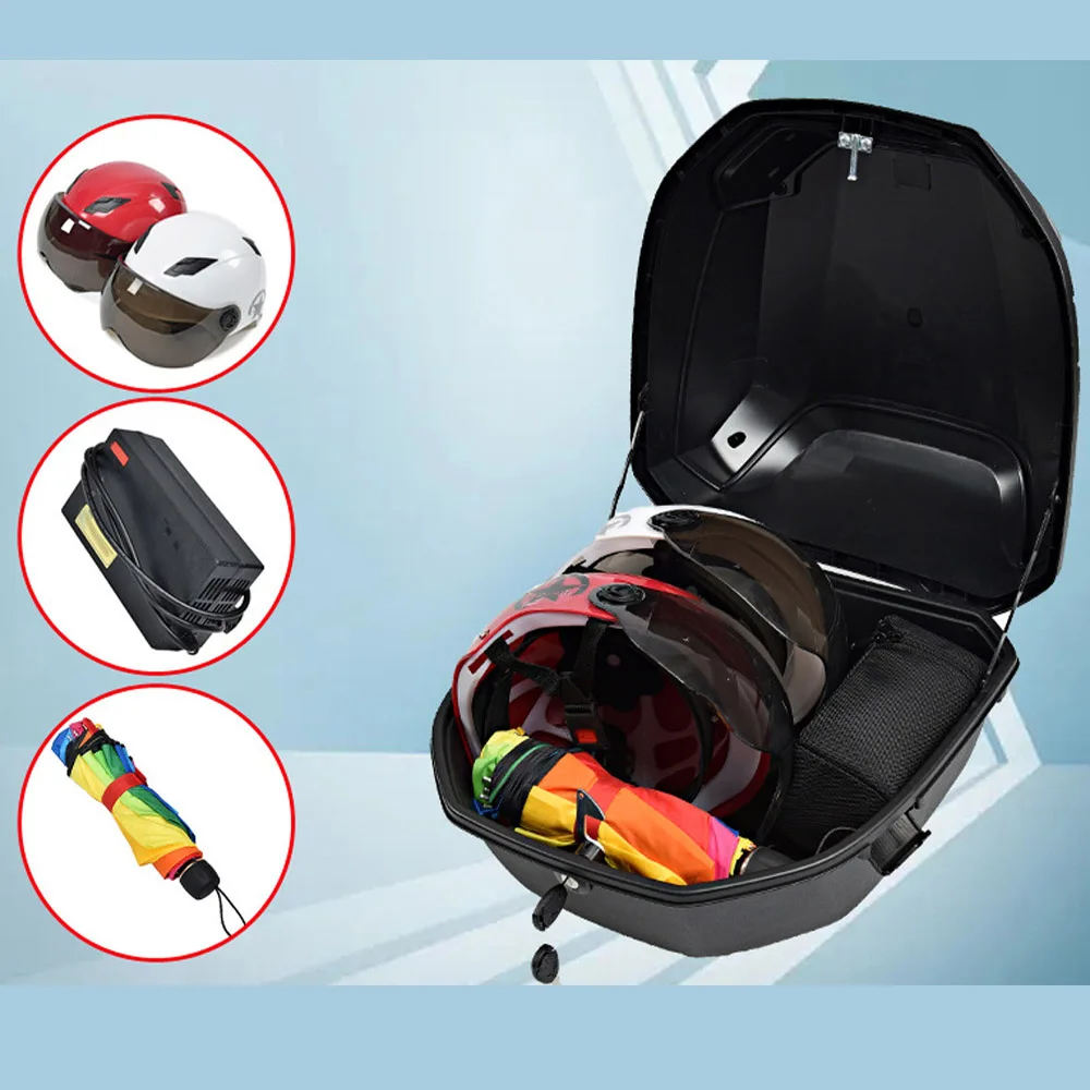 Motorcycle Tour Tail Box Scooter Trunk Luggage Top Lock Storage Carrier Case with Soft Backrest and Quick-Release System