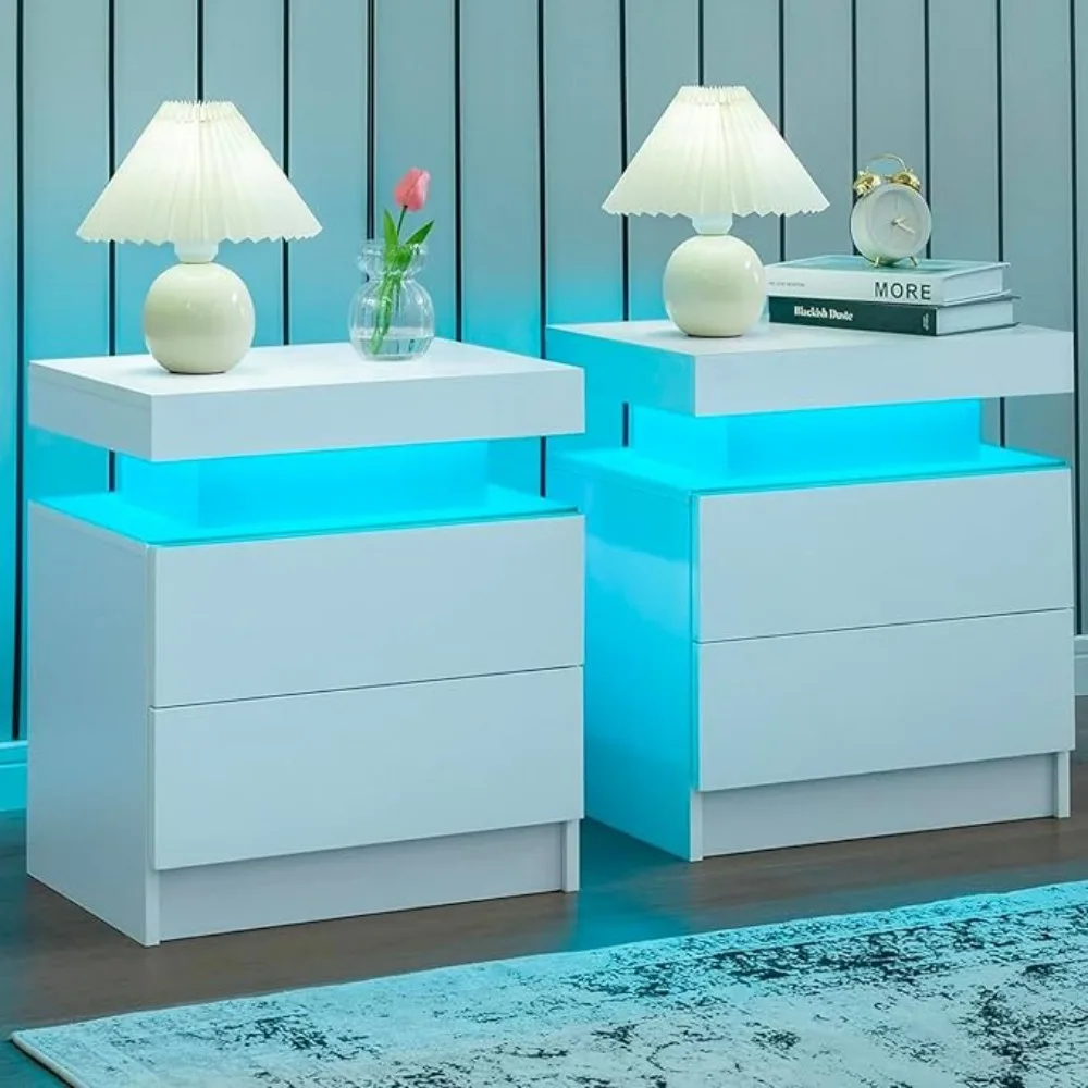 Nightstand Set of 2, LED Night Stand with 2 Drawers and 1 Open Shelf, Side Bed Table with LED Lights, Bedroom Bedside Table