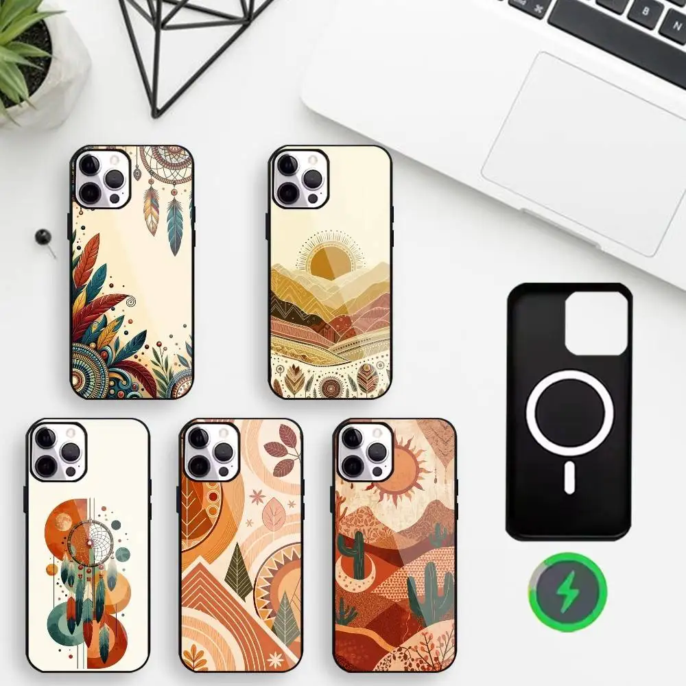 

Чехол для телефона в стиле бохо шикарного цвета для iPhone 17,16,15,14,13,12,11 Макс. Черный защитный чехол для беспроводной зарядки