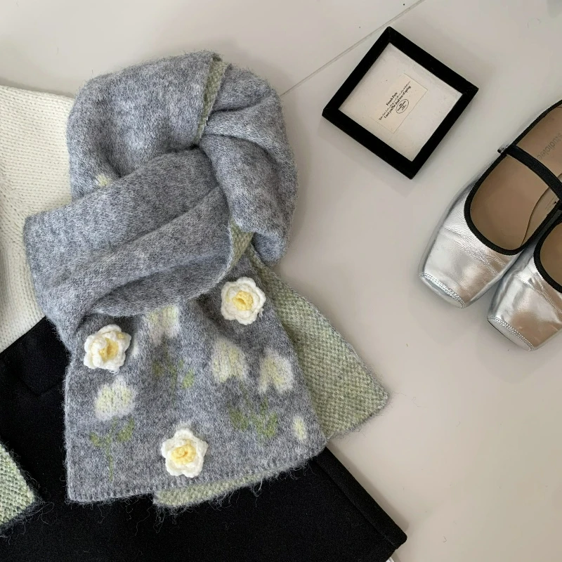 

Корейский стиль, новый модный трехмерный вязаный шерстяной теплый шарф с камелией в корейском стиле для девочек, осень/зима 2026, осень/зима