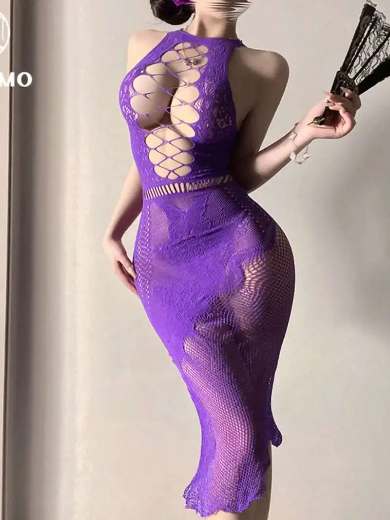 Sexy 2025, Neue Rundhals Spitze Up Aushöhlen Mesh Sheer Lange Kleid Frauen Cinching Taille Schlank Wrap Hüfte Einfarbig kleid 2U24