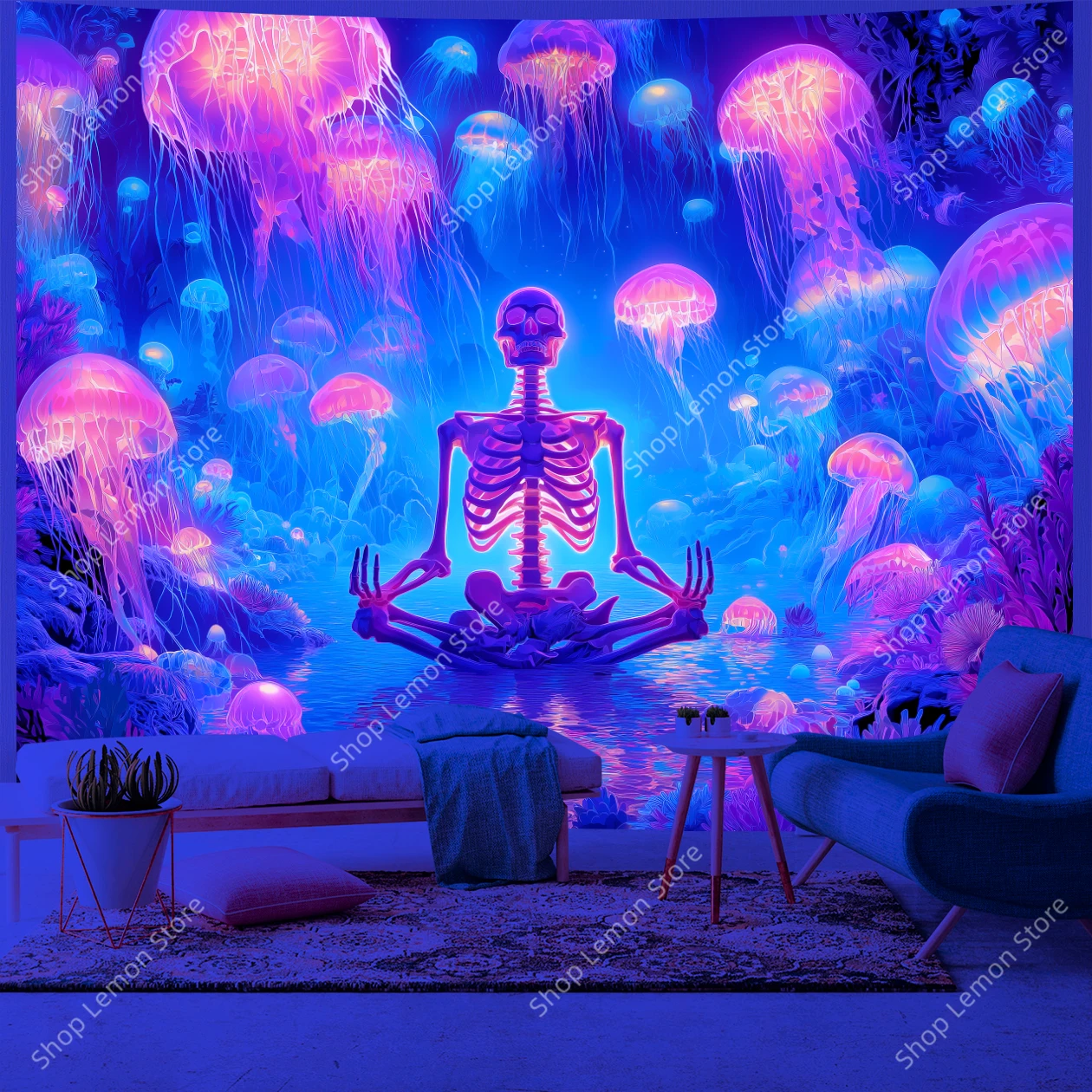 

Светящийся скелет, медитация, УФ-гобелен с биолюминесцентной медузой, подводное фэнтези, настенное искусство для йоги, комнаты, офиса, декор