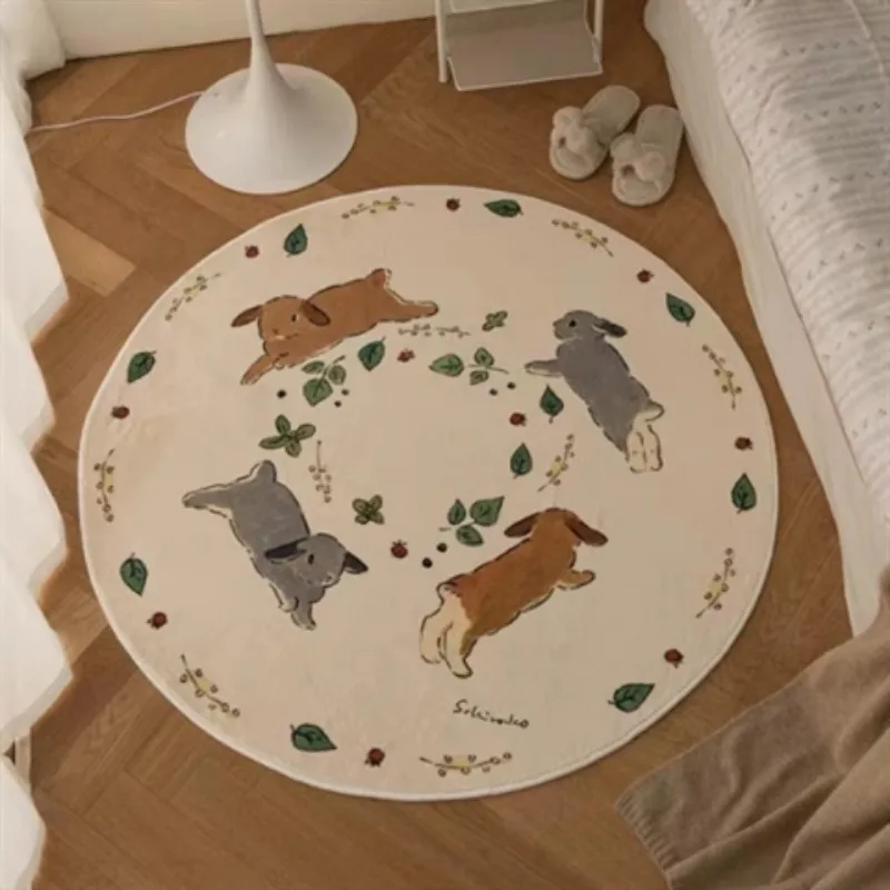 Cute Rabbit Round Carpet Cartoon Children Bedroom Rugs Animal Pattern Home Decorative Floor Mat Plush Soft Girl Room Foot Mats