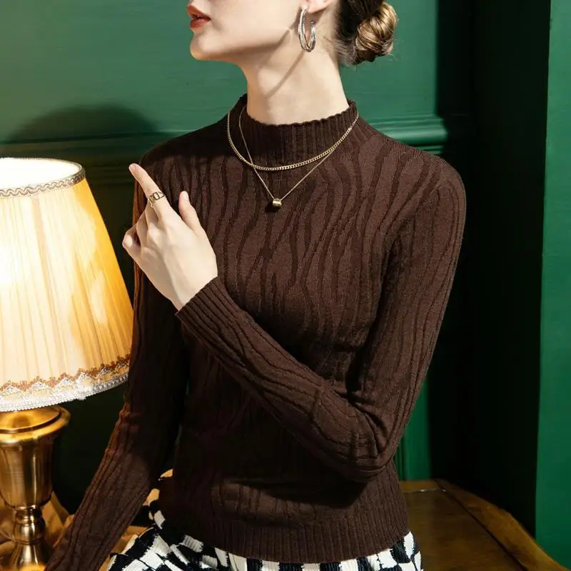 بلوفر نسائي بياقة قائمة محبوكة ، صديق للجلد ، قميص سفلي مريح ضيق ، أحادي اللون ، الخريف والشتاء