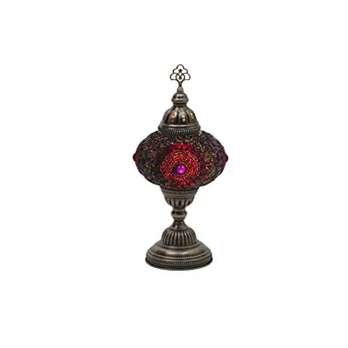 LaModaHome English Moroccan Handmade Mosaic Glass Table Lamp Light with Decorative Dark Copper Fixture for Bedroom, Livingroom a