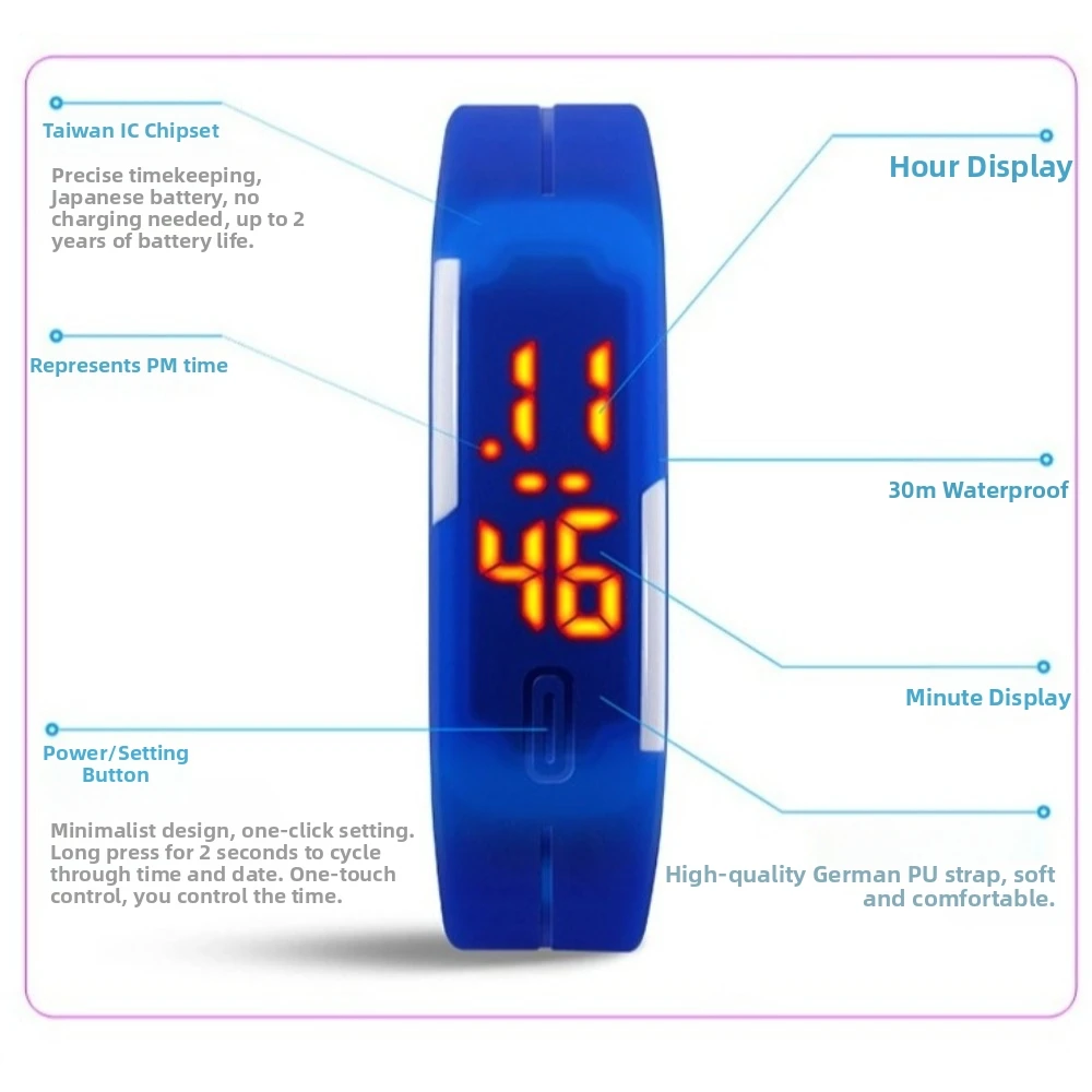 Fashion Digital Display LED Watch Silicone Strap Waterproof Student Sports Watch Soft Wristwatch