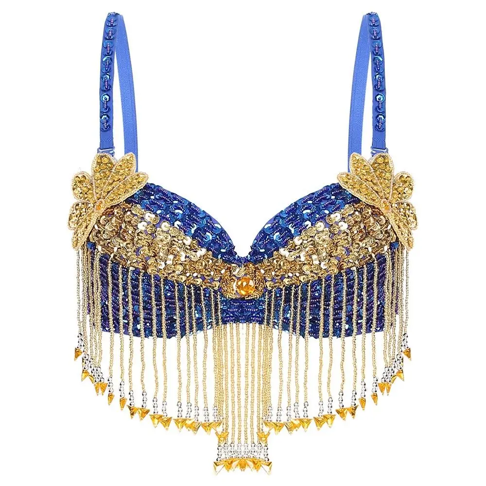 Beaded Tassels Belly Dance Tops Adjustable Straps Shiny Sequins Bra Nightclub Stage Show Costumes For Thailand/India/Arab