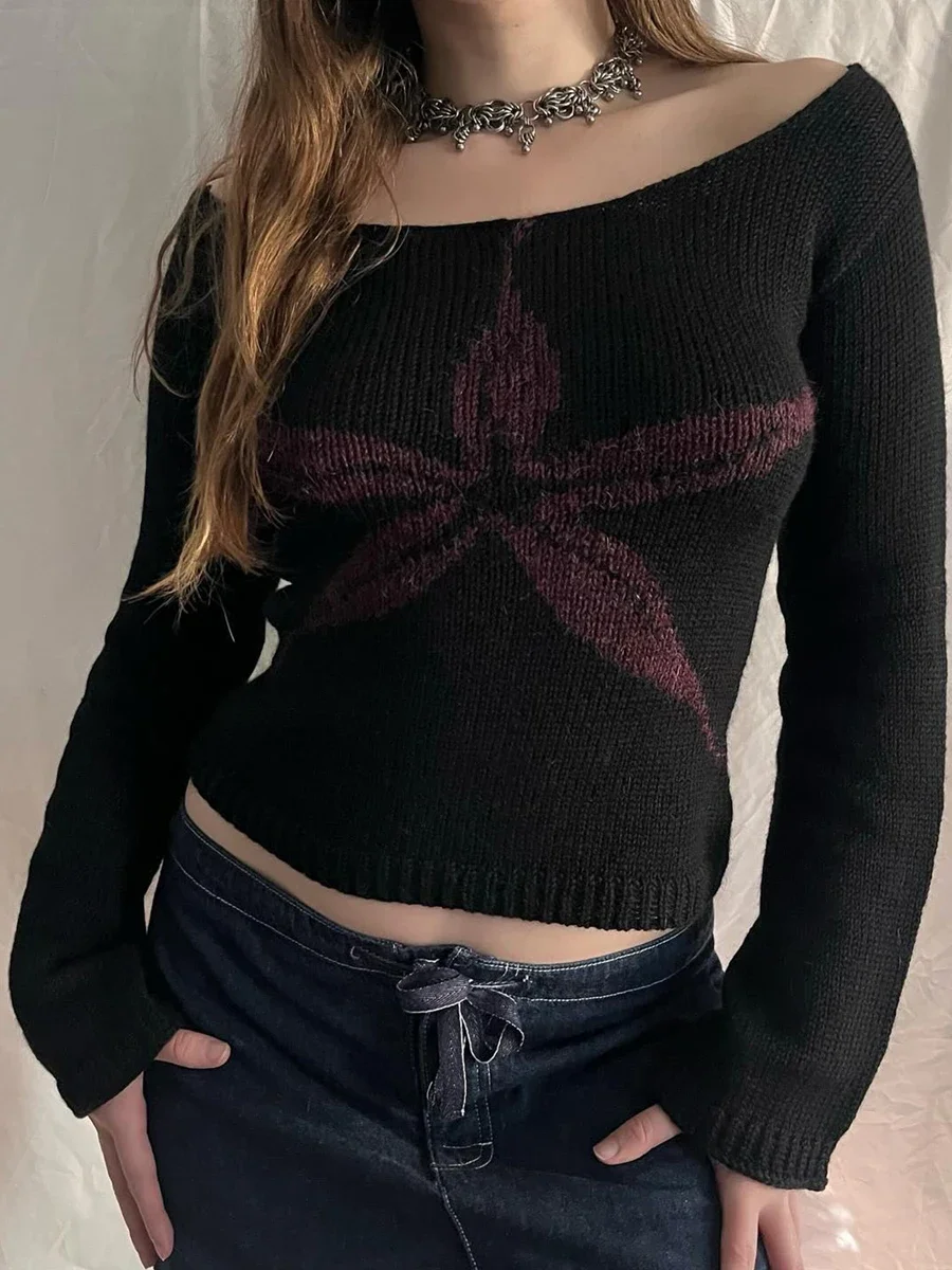 Hirigin Frauen Frühling Herbst Vintage Off Schulter Pullover Schlank Grafik Druck Langarm Gestrickte Dünne Beiläufige Tops Streetwear