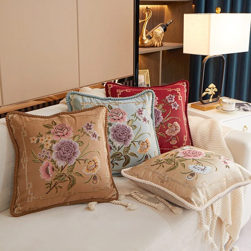 

Embroidered Flowers Jacquard Cushion Cover 48x48CM Light Luxury Home Bed Headrest Pillowcase Car Office Sofa Seat Decor